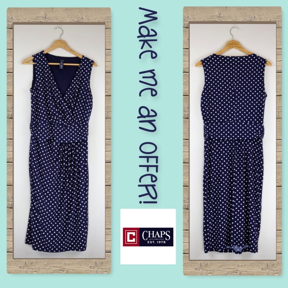 Chaps V-neck Polka Dot Blue Dress Size M
